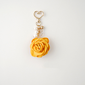 Satin Rose Pendant Decorations, with Heart Lobster Claw Clasps, Orange, 105mm