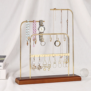 Rectangle Iron Jewelry Display Stands, Wooden Jewelry Organizer Holder for Necklace, Bracelet Display, Home Decorations, Golden, Finished Product: 6.1x26.5x30.5cm