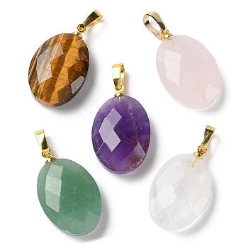Natural Mixed Gemstone Pendants, Faceted Oval Charms with Golden Plated Brass Snap on Bails, 21.8x13.4~13.5x6.2mm, Hole: 5.3x3.7mm