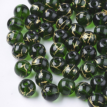 Drawbench Transparent Glass Beads, Round, Spray Painted Style, Dark Green, 8mm, Hole: 1.5mm