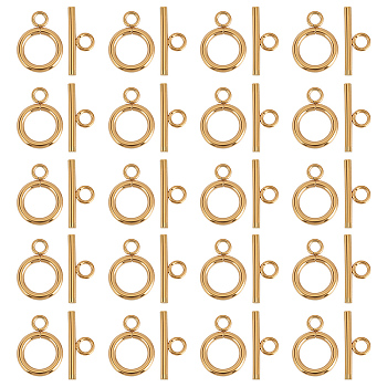 20Pcs Ion Plating(IP) 304 Stainless Steel Ring Toggle Clasps, Real 18K Gold Plated, Ring: 16x12x2mm, Hole: 2.5mm, Bar: 18x7x2mm, Hole: 3mm, 20pcs/set