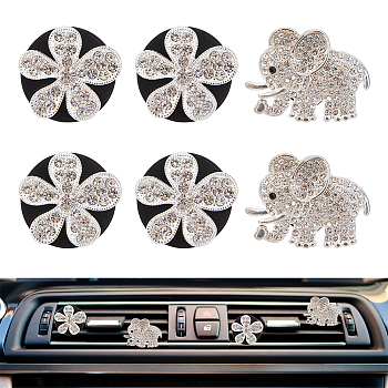 6Pcs Alloy Rhinestone Car Air Vent Clips, Automotive Interior Trim, with Magnetic Ferromanganese Iron & Plastic Clip, Elephant & Flower, Crystal, 45~50mm