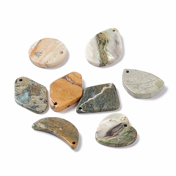 Natural Polychrome Jasper/Picasso Stone/Picasso Jasper Pendants, Flat Round & Heart & Teardrop & Rhombus & Moon, 28~39.5x18.5~29.5x3~4.5mm, Hole: 1.6~2mm