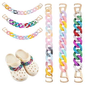 Elite 4pcs 2 styles Rainbow Color Acrylic Shoe Decoration Curban Chains, with Alloy Clasps, Mixed Color, 225~245mm, 2pcs/style