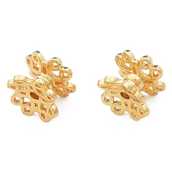 Brass Double Bead Caps, Nickel Free, 4-Petal, Flower, Real 18K Gold Plated, 6x6x4mm, Hole: 0.9mm