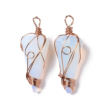 Opalite Pendants, Copper Wire Wrapped Big Pendants, Faceted Cone Charms, Rose Gold, 50~50.5x16.5x18~19mm, Hole: 8x3.5~4mm
