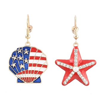 Women's Alloy Independence Day Dangle Earrings, Starfish & Shell Asymmetrical Earrings, Golden, 44x25.5~27mm