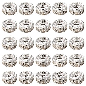 Brass Rhinestone Spacer Beads, Grade A, Straight Flange, Rondelle, Silver, Crystal, 8x3.8mm, Hole: 1.5mm