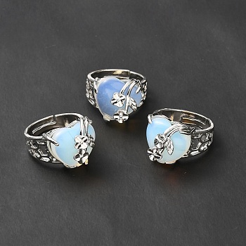 Opalite Adjustable Rings, Platinum Tone Heart with Flower Brass Rings for Women, Cadmium Free & Lead Free, US Size 6 3/4(17.1mm), 4.5~9mm