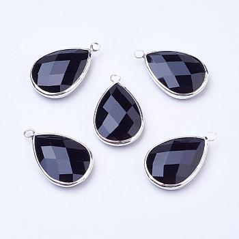 Silver Color Plated Brass Glass Teardrop Pendants, Faceted, Black, 18x10x5mm, Hole: 2mm