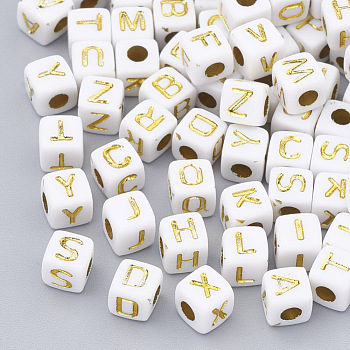 Plated Acrylic Beads, Metal Enlaced, Horizontal Hole, Cube with Alphabet, Golden Plated, 4.5x4.5x4.5mm, Hole: 3mm, about 5000pcs/500g