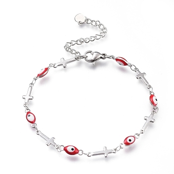 304 Stainless Steel Link Bracelets, with Enamel and Lobster Claw Clasps, Evil Eye & Cross, Stainless Steel Color, Red, 7-1/4 inch(18.5cm)