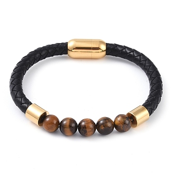 Round Natural Tiger Eye Bead Bracelets, Braided Leather Cord Bracelets with Ion Plating(IP) Golden Tone 304 Stainless Steel Magnetic Clasps, for Men Women, 8 inch(20.3cm), 6~10mm