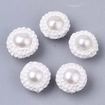 Polymer Clay Rhinestone Beads, with Natural Cultured Freshwater Pearl, Flat Round, White, 12~13x8~9mm, Hole: 0.7mm