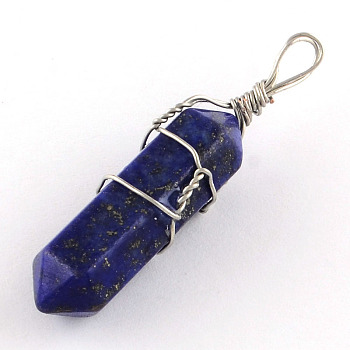 Dyed Natural Lapis Lazuli Stone Double Terminated Pointed Pendants, with Platinum Plated Iron Findings, Bullet, 38~45x8x8mm, Hole: 4mm
