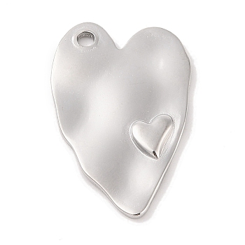 Non-Tarnish 304 Stainless Steel Pendants, Heart Charm, Stainless Steel Color, 37x24x2.5mm, Hole: 2.5mm