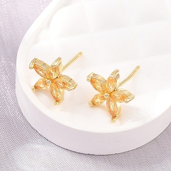 Brass Micro Pave Cubic Zirconia Stud Earrings for Women, Flower, Cadmium Free & Lead Free, Long-Lasting Plated, Rack Plating, Real 18K Gold Plated, Goldenrod, 11.5x12mm