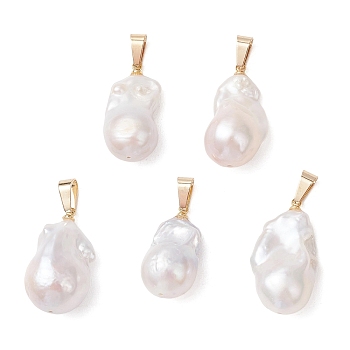 Natural Baroque Keshi Pearl Pendants, Nuggets Charms with Brass Snap on Bails, Floral White, Golden, 24.5~27.5x13.5~16x13~15mm, Hole: 7x3.4mm
