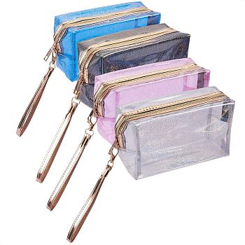 4Pcs 4 Colors Portable Plastic Laser Transparent Cosmetic Storage Bags, with Zipper & Belt, Rectangle, Mixed Color, 10.4x18x1.4cm, 1pc/color
