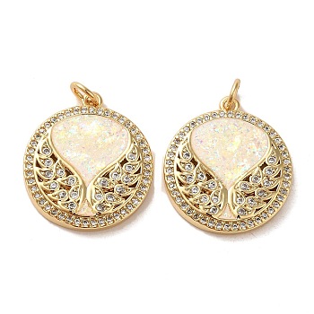 Brass Micro Pave Cubic Zirconia with Synthetic Opal Pendants, with Jump Ring, Flat Round with Wing, Real 18K Gold Plated, 22x19.5x2.5mm