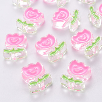 Transparent Acrylic Beads, with Enamel, Flower, Hot Pink, 24.5x20x9mm, Hole: 3mm