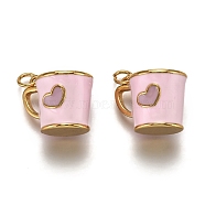 Brass Pendants, with Enamel and Jump Rings, Cup with Heart Pattern, Real 18K Gold Plated, Pearl Pink, 14.5x17x13mm, Hole: 3mm(ENAM-I046-01A)