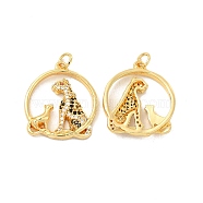Brass Micro Pave Cubic Zirconia Pendants, with Jump Ring, Flat Round with Cheetah/Leopard Charm, Golden, Black, 23x20x3.5mm, Hole: 3mm(KK-H441-35G)