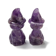 Natural Amethyst Carved Healing Cat with Witch Hat Figurines, Reiki Energy Stone Display Decorations, 48~50x19~21mm(DJEW-D012-07C)