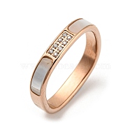 Ion Plating(IP) 304 Stainless Steel Rectangle Finger Ring, with White Shell and Cubic Zirconia, Rose Gold, Inner Diameter: 17mm(RJEW-C059-01RG)