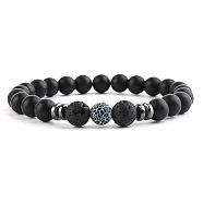 Round Natural Crakled Black Agate Beaded Stretch Bracelets for Women Men, with Frosted Black Onxy Beads(XP2963-5)