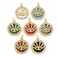 Brass Micro Pave Clear Cubic Zirconia Pendants, with Shell & Synthetic Stone & Acrylic and Jump Ring, Real 16K Gold Plated, Flat Round with Eye, Nickel Free, Mixed Color, 18~19x16x2mm, Jump Ring: 5x1mm, 3mm inner diameter(KK-N227-73-NF)