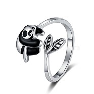 Cute Panda Brass Enamel Open Cuff Ring for Women, Platinum, Black, Inner Diameter: 17mm(RJEW-M016-01P)