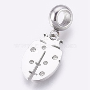 304 Stainless Steel European Dangle Charms, Large Hole Pendants, with Rhinestone, Ladybug, Stainless Steel Color, Crystal, 26.5mm, Hole: 4mm, Pendant: 16.5x11x1.5mm(STAS-O097-06C)