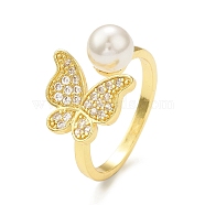 Clear Cubic Zirconia Butterfly with Plastic Pearl Beaded Open Cuff Ring, Brass Jewelry for Women, Cadmium Free & Lead Free, Real 18K Gold Plated, Inner Diameter: 18mm(RJEW-C047-05G)