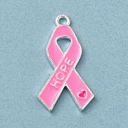 Breast Cancer Pink Awareness Ribbon Theme Alloy Enamel Pendants, Silver, Awareness Ribbon, 24x13.5x1.5mm, Hole: 1.5mm(ENAM-A147-01G)