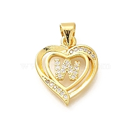 Rack Plating Brass Micro Pave Cubic Zirconia Pendants, Long-Lasting Plated, Lead Free & Cadmium Free,Real 18K Gold Plated, Heart with Letter Charms, Letter W, 17.5x15x2.5mm, Hole: 5x3mm(KK-L226-101G-W)