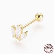 925 Sterling Silver Barbell Cartilage Earrings, Screw Back Earrings, with Cubic Zirconia, Crown, Golden, 5x6x2mm, Pin: 0.8mm(STER-G031-32G)