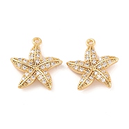 Brass Micro Pave Clear Cubic Zirconia Pendants, Starfish, Real 18K Gold Plated, 19x16.5x3mm, Hole: 1.4mm(KK-S389-10G)