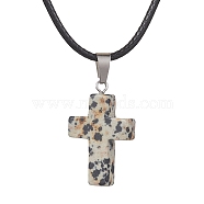 Natural Dalmatian Jasper Cross Pendant Necklaces, with Imitation Leather Cords, 17.80 inch(45.2cm)(NJEW-JN04624-04)