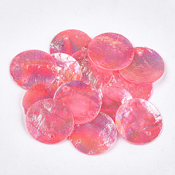 AB Color Plated Capiz Shell Pendants, Dyed, Flat Round, Deep Pink, 24~25x1~2mm, Hole: 1~1.5mm(SSHEL-T008-01C)