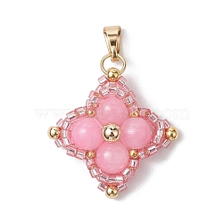 Dyed Natural Yellow Jade & Glass Seed Beaded Woven Pendants, Star Charms with 304 Stainless Steel Snap on Bails, Golden, Pink, 25x25x6mm, Hole: 6.5x3mm(PALLOY-MZ00365-02)