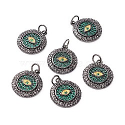 Brass Micro Pave Green Cubic Zirconia Pendants, with Jump Ring, Long-Lasting Plated, Lead Free & Cadmium Free & Nickel Free, Flat Round with Eye, Gunmetal, 17.5x15x3mm, Hole: 3.5mm(ZIRC-Z019-24B-NR)