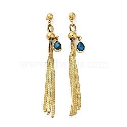 Rhinestone Long Dangle Stud Earrings, Golden Titanium Steel Chains Tassel Earrings, Teardrop, 90x9.6mm(EJEW-Z025-01G)