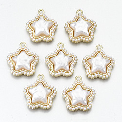 Rack Plating Alloy Pendants, with White ABS Plastic Imitation Pearl, Cadmium Free & Nickel Free & Lead Free, Star, Light Gold, 21.5x19x6mm, Hole: 2mm(PALLOY-T077-57-NR)