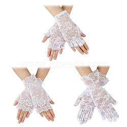 3 Pairs 3 Style Flower Pattern Lace Gloves, for Wedding Bride Supplies, White, 175~255x70~120x0.5~1.3mm, 1 pair/style(AJEW-FH0004-29)