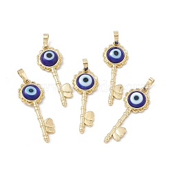 Handmade Evil Eye Lampwork Pendants, with Rack Plating Real 18K Gold Plated Brass Findings, Long-Lasting Plated, Flower Key with Heart, Medium Blue, 33x12x3.5mm, Hole: 4x7mm(LAMP-G157-03G-05)