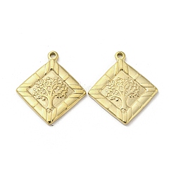 304 Stainless Steel Pendants, Rhombus with Tree of Life Charms, Real 14K Gold Plated, 30.5x27x2.5mm, Hole: 2mm(STAS-L022-041G)