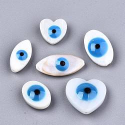 Natural Freshwater Shell Beads, with Enamel, Enamelled Sequins, Mixed Shapes with Evil Eye, Dodger Blue, 8.5~18.5x8.5~15.5x4.5~6mm, Hole: 0.8mm, about 20pcs/bag(SHEL-T018-05)