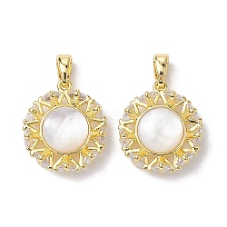 Rack Plating Brass Pave Clear Cubic Zirconia Pendants, Flat Round Charms with Shell, Real 18K Gold Plated, 17x15.5x5mm, Hole: 5x2.8mm(X-KK-K360-04G)