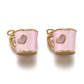 Brass Pendants, with Enamel and Jump Rings, Cup with Heart Pattern, Real 18K Gold Plated, Pearl Pink, 14.5x17x13mm, Hole: 3mm